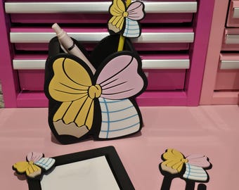 Cute Pencil Desk Set | Teacher Desk Organizer | 3D Printed Pen Holder, Sticky Note Holder, Jumbo Paper Clip, Straw Topper | Teacher Gift