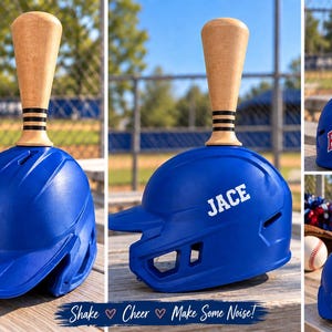 May include: A blue baseball helmet noise maker with a wooden bat handle attached to the top. The helmet features the name JACE in white lettering on one side and the word RANGERS in red and white lettering on the front. The handle has black stripes.