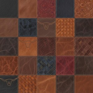 Könnte beinhalten: Ein Patchwork-Design mit Quadraten aus verschiedenen strukturierten Ledern in Braun-, Schwarz- und Rottönen. Einige Quadrate haben geprägte Muster, Nahtdetails oder ein Stierkopf-Emblem. Die Quadrate sind mit weißem Faden zusammengenäht.