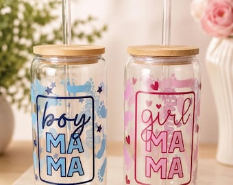 Custom Name Boy Mama or Girl Mama Glass Can Libbey Tumbler 16oz with Glass Straw | Cute Mom Iced Coffee Cup | New Mom Gift | Baby Shower