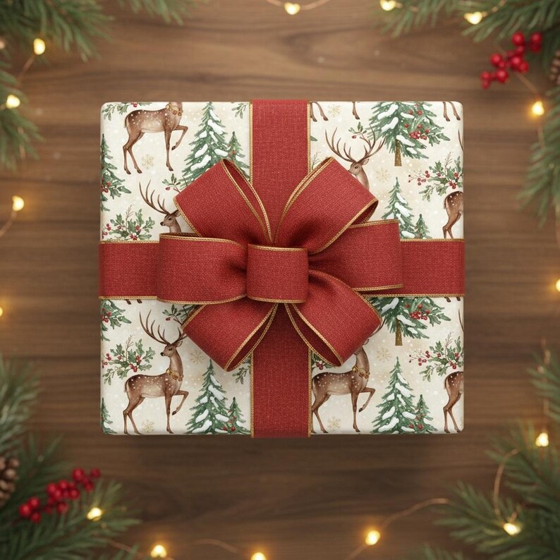 Vintage Christmas Deer Wrapping Papers, Holiday Gift Wrap, Traditional Christmas Style, Festive Craft Paper, Nostalgic Holiday Decor zdjęcie 2