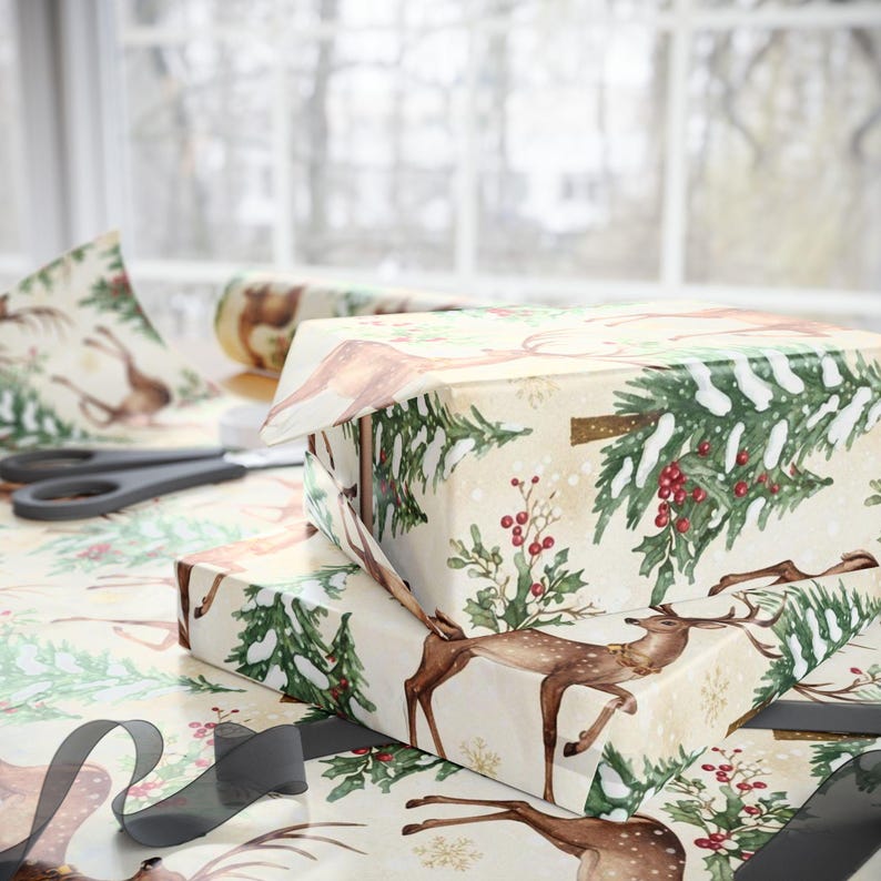 Vintage Christmas Deer Wrapping Papers, Holiday Gift Wrap, Traditional Christmas Style, Festive Craft Paper, Nostalgic Holiday Decor zdjęcie 5
