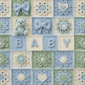 May include: A handmade baby blanket in shades of blue, green, and cream, featuring crocheted squares with floral designs, bows, and a teddy bear. The word "BABY" is spelled out in individual letter squares. A soft and cozy baby item.