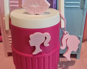 Barbie Inspired Can Koozie with Straw Topper & Tab Opener Keychain | Cute Pink Drink Holder | Gift for Her | Slim or Regular Can