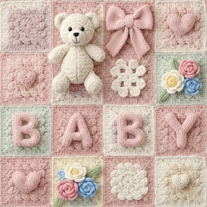 May include: A handmade baby blanket with a teddy bear, bow, heart, flowers, and the word "BABY" in pink letters. The blanket is a patchwork design in shades of pink, white, and green, perfect for a baby.