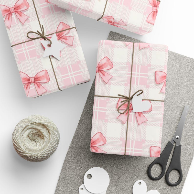 Papel de regalo a cuadros con lazo rosa, papel de bellas artes de 90 g/m² imagen 3