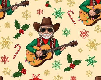 May include: Seamless pattern featuring a country musician in a cowboy hat playing a guitar adorned with Christmas lights. The design includes snowflakes, holly, and candy canes on a cream background, creating a festive holiday theme.