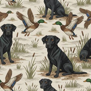 May include: A repeating pattern featuring black Labrador retrievers and ducks in a marsh setting. The ducks are depicted in flight with brown and blue wings. The dogs are sitting and standing, with detailed fur and expressive eyes.