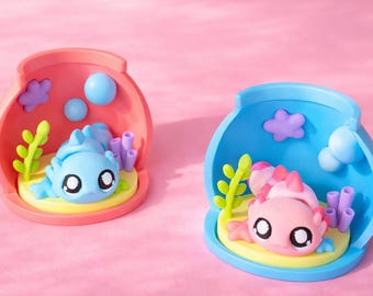3D Printed Axolotl Habitat Set – Cute Flexi Axolotl Fidget Toy with Pink or Blue Tank | Collectible Mini Animal Habitat