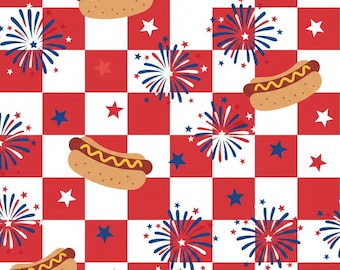 Carta da regalo per hot dog e fuochi d'artificio / Motivo a scacchi patriottico del 4 luglio