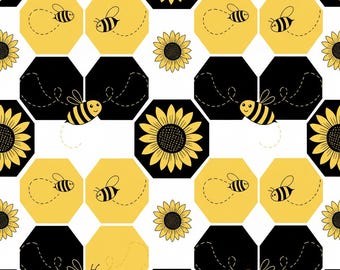 Bee Wrapping Paper: Cartoon Honeycomb, Sunflower - Birthday Gift Wrap