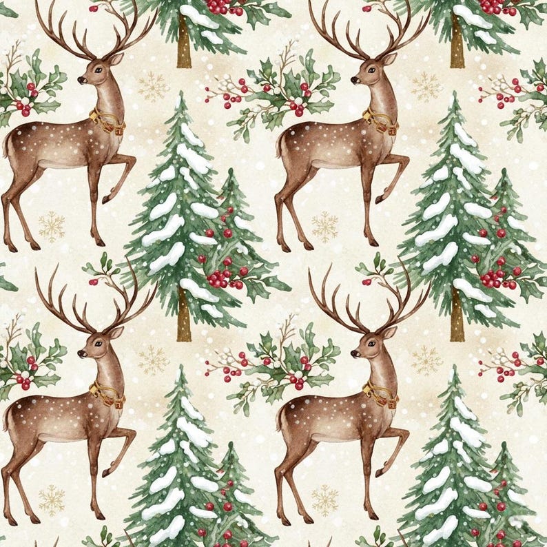 Vintage Christmas Deer Wrapping Papers, Holiday Gift Wrap, Traditional Christmas Style, Festive Craft Paper, Nostalgic Holiday Decor zdjęcie 1