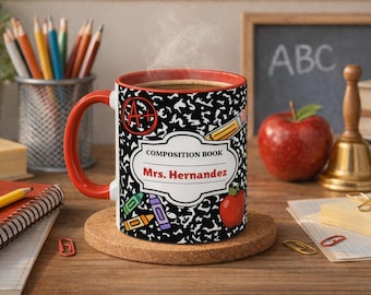 Personalized Teacher Mug, Composition Notebook Coffee Cup, Custom Teacher Name Gift, Teacher Gift, Teacher Appreciation