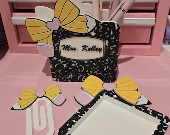 Personalized Teacher Desk Set | Custom Name Pen Holder, Sticky Note Holder & Jumbo Paperclip | Cute Coquette Classroom Decor Gift