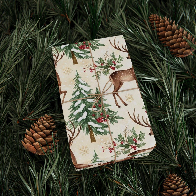 Vintage Christmas Deer Wrapping Papers, Holiday Gift Wrap, Traditional Christmas Style, Festive Craft Paper, Nostalgic Holiday Decor zdjęcie 4