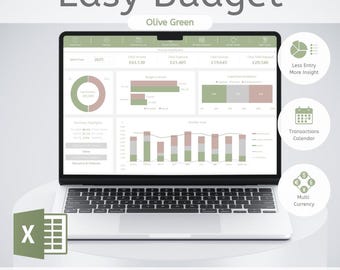 May include: A laptop screen showing a financial dashboard with the text "Easy Budget" and "Olive Green." The display features charts and data in green and pink. Icons highlight features such as multi-currency and a transaction calendar.