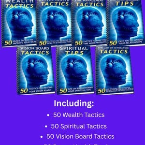 Op de afbeelding: Afbeelding met een verzameling zelfhulpboeken met titels als "Wealth Tactics" en "Spiritual Tips". De boeken hebben een blauw-wit ontwerp met de tekst "350 Powerful Self-Help Tips and Tactics". Bevat tactieken voor welvaart, gezondheid en relaties.