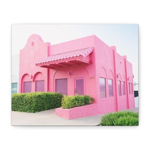 Vibrant Matte Canvas Home Decor, Wall Art Print, Pink Building Artwork, Colorful Interior Design, Gift for Art Lovers, Modern Wall Decor