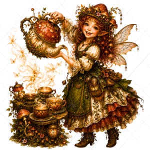 May include: A whimsical illustration of a fairy pouring tea from a mushroom-shaped teapot. The fairy, with red curly hair and wings, wears a green and cream dress. A table with teacups and a lantern is nearby. The image has a fantasy theme.