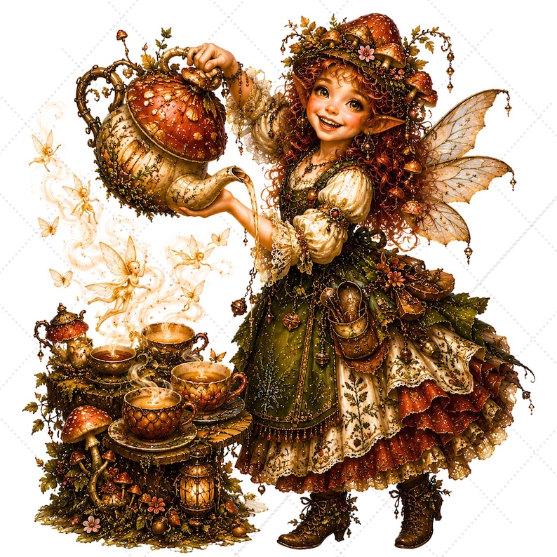 May include: A whimsical illustration of a fairy pouring tea from a mushroom-shaped teapot. The fairy, with red curly hair and wings, wears a green and cream dress. A table with teacups and a lantern is nearby. The image has a fantasy theme.
