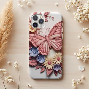 3D Flower Butterfly iPhone 14 15 16 Tough Phone Case Samsung Galaxy S24 Gift for Her Floral iPhone Cover