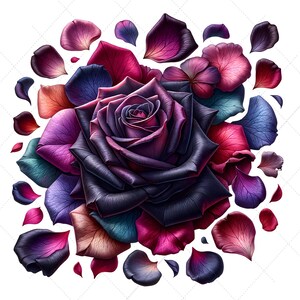 May include: A digital illustration of a dark purple rose surrounded by scattered petals. The petals and rose have a gradient of colors, including shades of red, pink, blue, and purple. The image is set against a white background.