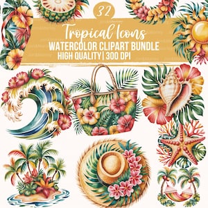 May include: A watercolour clipart bundle of tropical icons. The image includes a beach bag, a straw hat, a seashell, a starfish, and a wave. The text reads "Tropical Icons WATERCOLOR CLIPART BUNDLE HIGH QUALITY | 300 DPI".