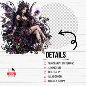 May include: A digital illustration of a fairy with purple and black wings, wearing a dark dress and crown, surrounded by thorns and flowers. The image includes the text "DETAILS" and "PNG".