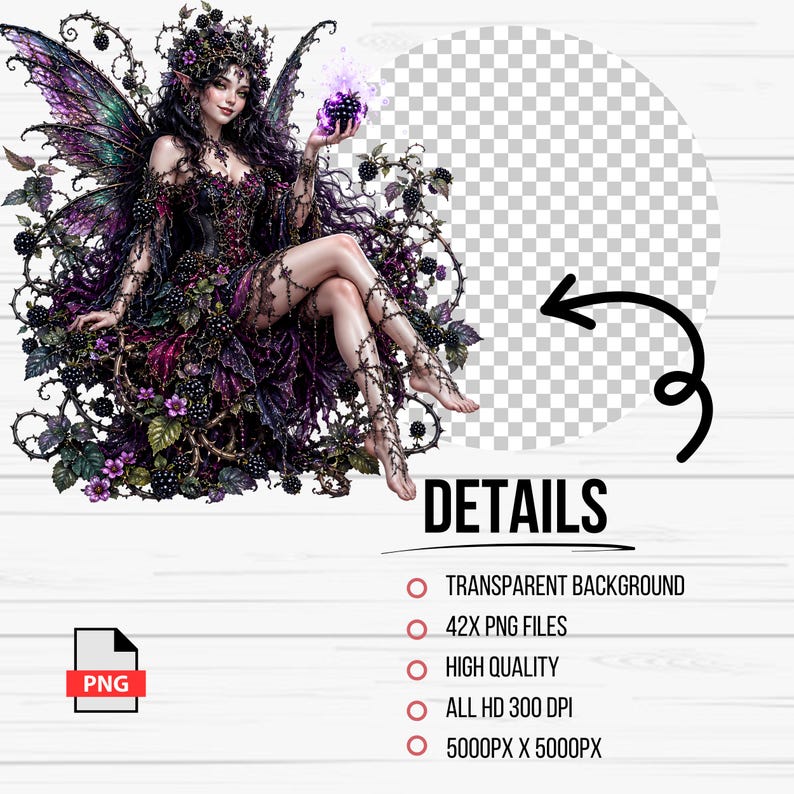 May include: A digital illustration of a fairy with purple and black wings, wearing a dark dress and crown, surrounded by thorns and flowers. The image includes the text "DETAILS" and "PNG".