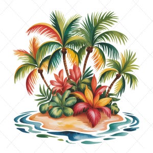 May include: Watercolour illustration of a tropical island scene. Palm trees with green, yellow, and red fronds surround a sandy beach with colourful flowers and lush green foliage. The island is surrounded by blue and teal water.