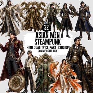 Puede incluir: Una colección de 32 ilustraciones digitales con personajes en elaborados atuendos steampunk con detalles mecánicos, engranajes y abrigos ornamentados. El texto dice: 32 ASIAN MEN STEAMPUNK HIGH QUALITY CLIPART | 300 DPI COMMERCIAL USE.