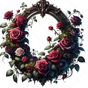 May include: An ornate, oval-shaped frame adorned with lush, deep red roses and green foliage. The frame has a dark, antique finish with intricate detailing, creating a romantic and vintage aesthetic. The roses are in full bloom, adding a touch of elegance.
