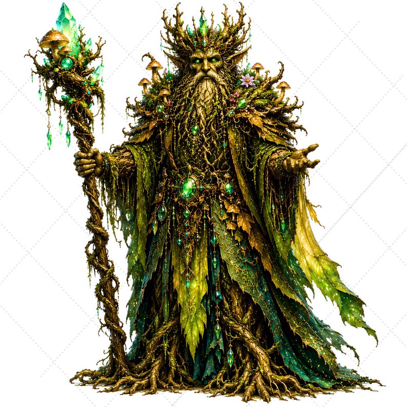 May include: A detailed illustration of a forest spirit with a long beard and flowing robes made of leaves and vines. The spirit holds a staff adorned with crystals and mushrooms. The color palette includes shades of green, brown, and gold, with sparkling accents.
