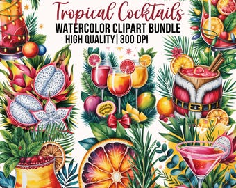 40 Watercolor Tropical Cocktails Clipart, Festive PNG Digital Download