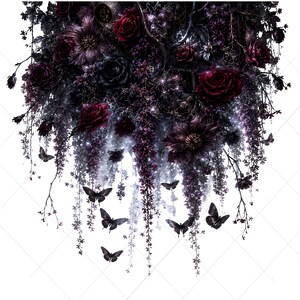 May include: A cascading floral arrangement featuring deep burgundy and black roses, dark purple blossoms, and delicate hanging vines. Several dark butterflies are interspersed throughout the foliage, which displays a subtle, shimmering glitter effect.