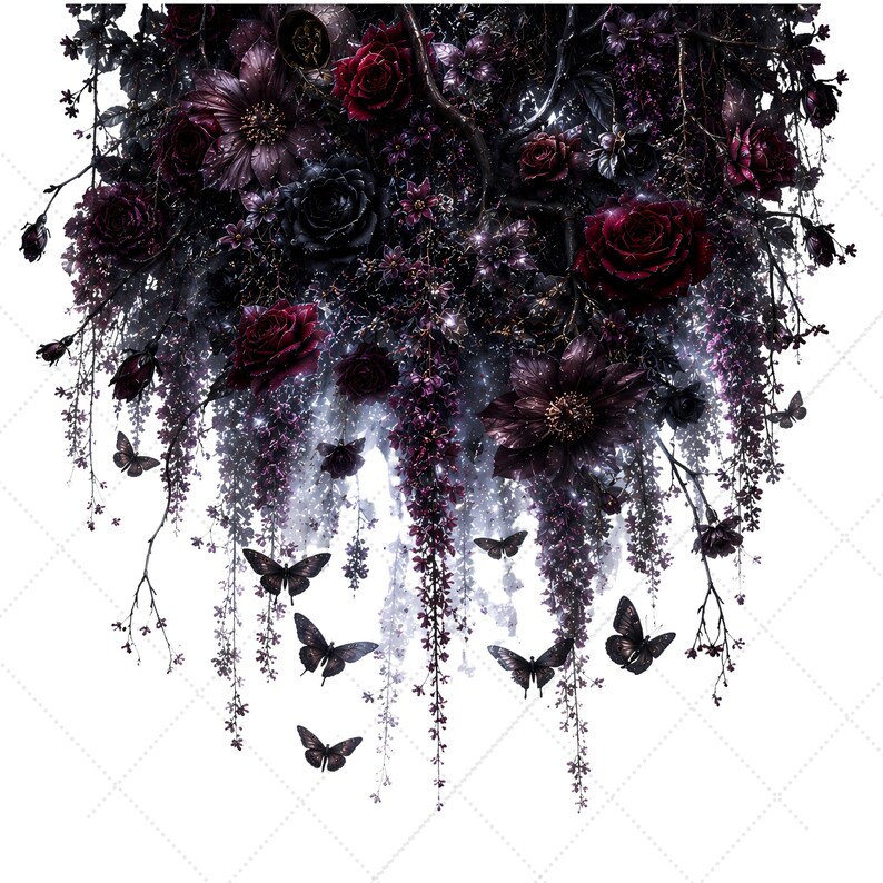 May include: A cascading floral arrangement featuring deep burgundy and black roses, dark purple blossoms, and delicate hanging vines. Several dark butterflies are interspersed throughout the foliage, which displays a subtle, shimmering glitter effect.