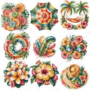 May include: A set of watercolour illustrations with tropical themes. It includes a jar of citrus fruit, a colourful umbrella, a hammock between palm trees, a floral wreath, feathers, sunglasses surrounded by flowers, a bouquet of flowers, a hibiscus flower, and a straw hat.