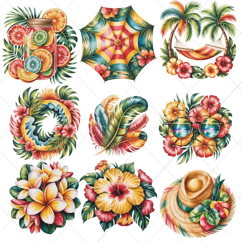 May include: A set of watercolour illustrations with tropical themes. It includes a jar of citrus fruit, a colourful umbrella, a hammock between palm trees, a floral wreath, feathers, sunglasses surrounded by flowers, a bouquet of flowers, a hibiscus flower, and a straw hat.