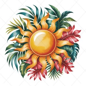 May include: A colourful illustration featuring a yellow sun with orange rays, encircled by tropical leaves. The leaves are a mix of green and red, creating a vibrant design. The sun has a bright, glossy centre.
