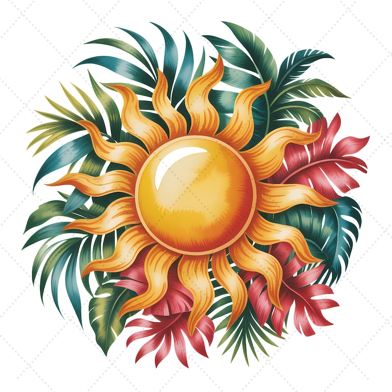 May include: A colourful illustration featuring a yellow sun with orange rays, encircled by tropical leaves. The leaves are a mix of green and red, creating a vibrant design. The sun has a bright, glossy centre.