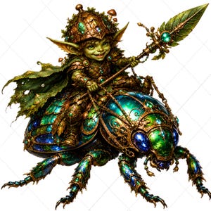 May include: A whimsical illustration of a green goblin riding a jeweled beetle. The goblin wears a detailed helmet and armor, holding a leaf-shaped spear. The beetle's shell is adorned with blue and green gems, creating a fantasy theme.
