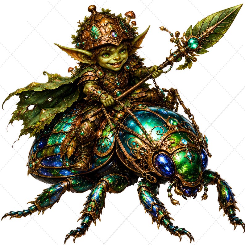 May include: A whimsical illustration of a green goblin riding a jeweled beetle. The goblin wears a detailed helmet and armor, holding a leaf-shaped spear. The beetle's shell is adorned with blue and green gems, creating a fantasy theme.