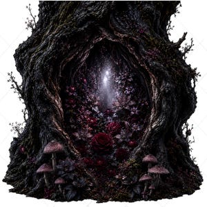 May include: A dark, textured tree trunk with a hollow center filled with deep red roses, dark purple foliage, and small mushrooms at the base. A bright, ethereal light shines from within the hollow, illuminating the surrounding dark, gnarled bark.