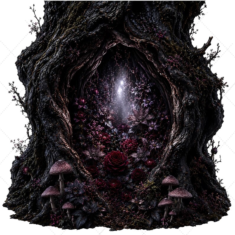 May include: A dark, textured tree trunk with a hollow center filled with deep red roses, dark purple foliage, and small mushrooms at the base. A bright, ethereal light shines from within the hollow, illuminating the surrounding dark, gnarled bark.