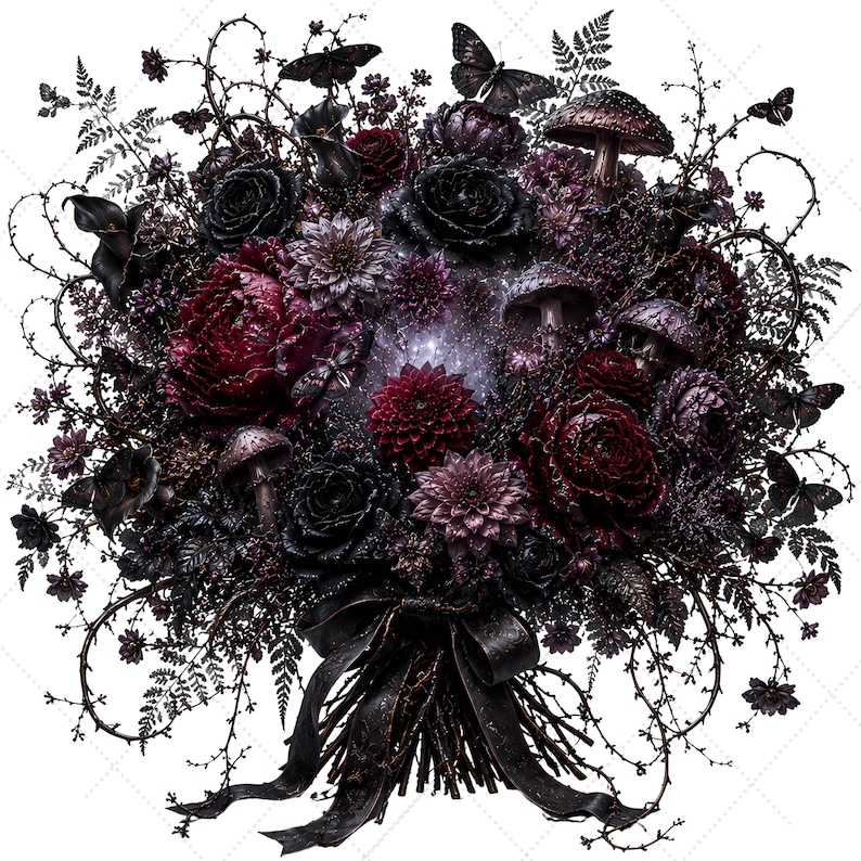 May include: A dark floral bouquet featuring deep burgundy and black roses, dahlias, and mushrooms, accented with thorny branches, ferns, and butterflies. The arrangement is tied together with a black ribbon at the base, creating a dense, moody composition.