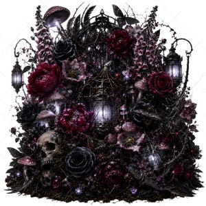 May include: A dark arrangement featuring deep red and black roses, purple foxgloves, and mushrooms intertwined with thorny vines. A central ornate metal cage lantern glows, flanked by two hanging lanterns, with a human skull nestled in the foliage.