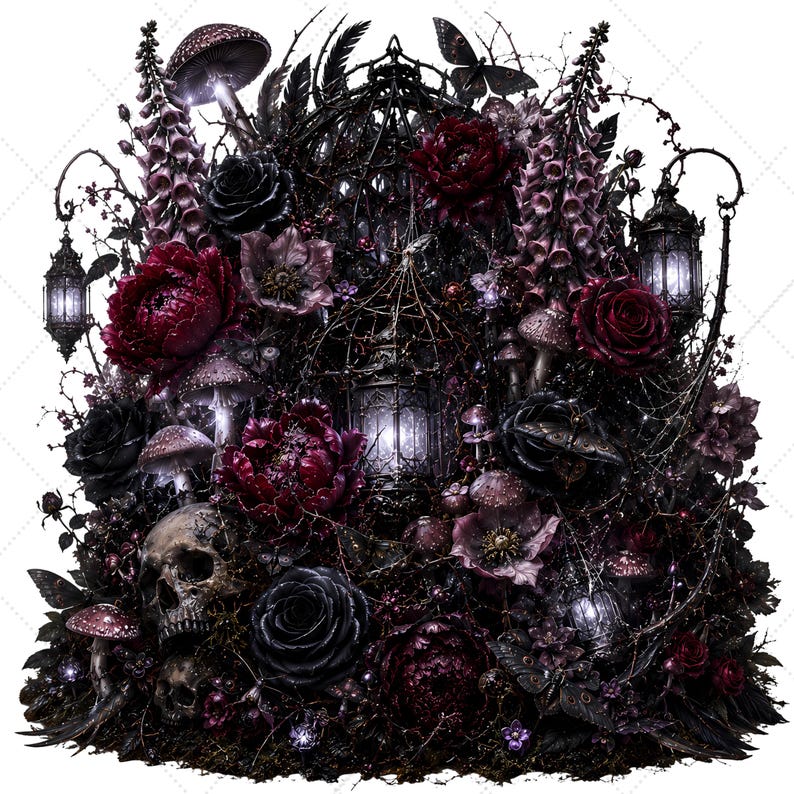 May include: A dark arrangement featuring deep red and black roses, purple foxgloves, and mushrooms intertwined with thorny vines. A central ornate metal cage lantern glows, flanked by two hanging lanterns, with a human skull nestled in the foliage.
