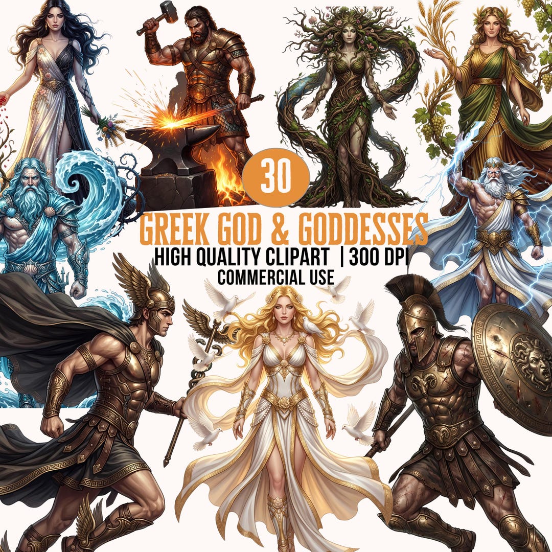 Greek Mythodology Clipart Set: 30 Fantasy Gods and Goddesses PNG Bundle ...