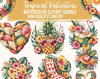 Tropical Valentine Clipart Bundle, Tropical Valentines Watercolor PNG, Beach Love Clipart, Island Valentine Graphics