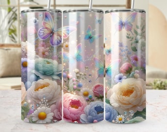 Copribicchiere con motivo floreale a farfalla, design con stampa a sublimazione glitterata (download digitale)